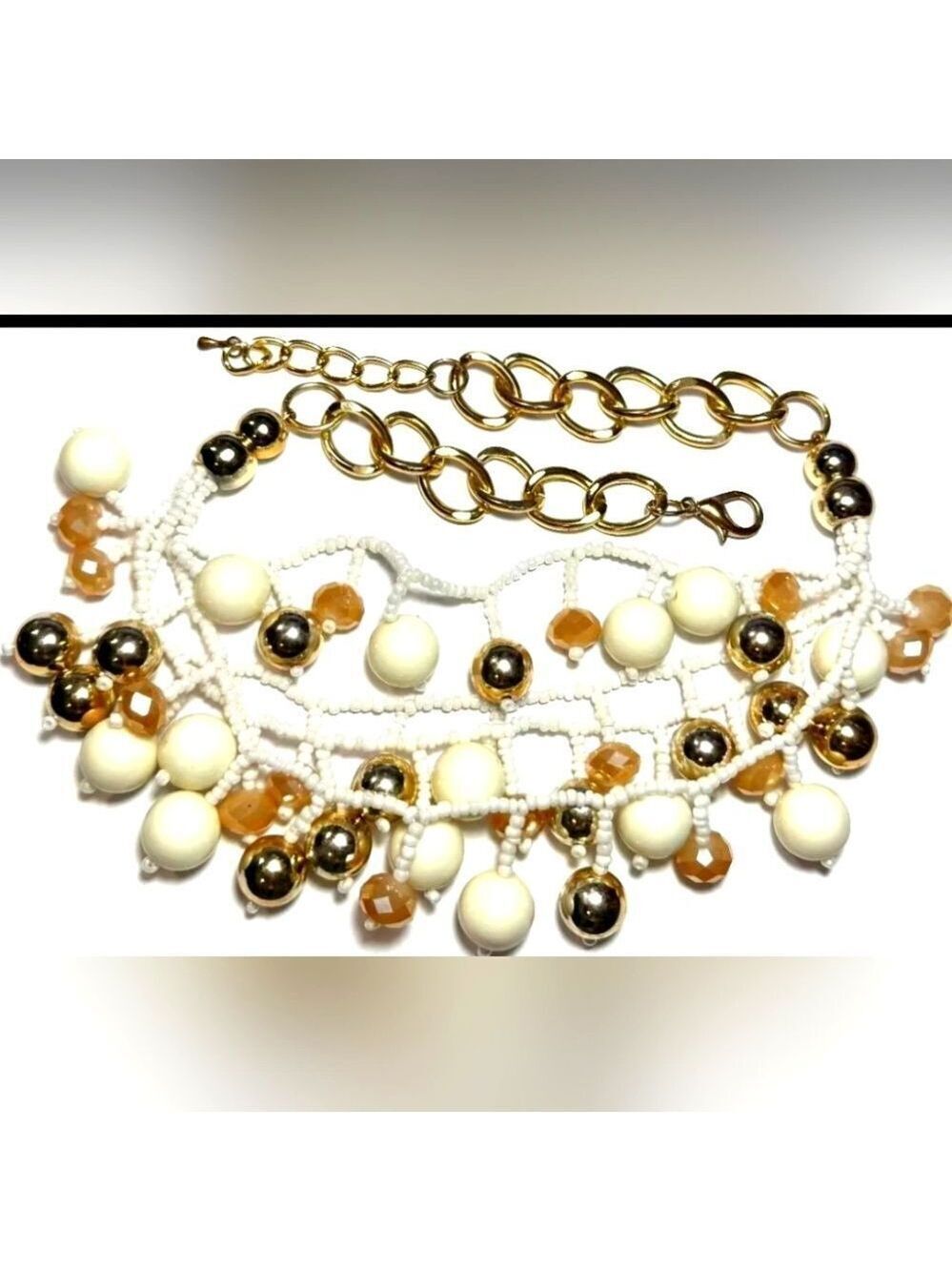 Vintage Jewelry Necklace Gold Tone Chunky Chain Multi Strand Dangle Bead Glass